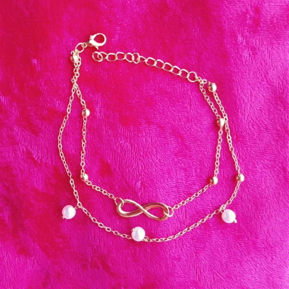 Two Layered, Infinity, 3 Pearl & Gold tone Beads, Anklet